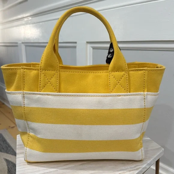 Kate Spade Bag Yellow White Striped Canvas Logo Small Tote Bag - Picture 7 of 17